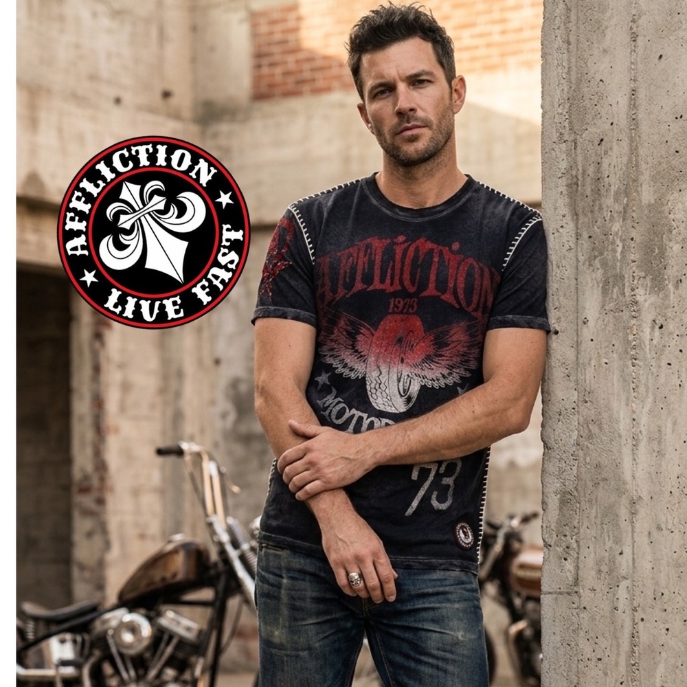 Affliction‎ American Customs Motor Club 73 T-Shirt Mens Large Black Whipstitch